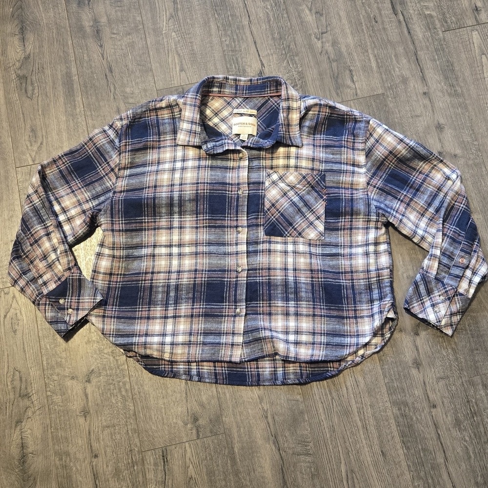 Scotch & Soda Women's Sz L Boxy Plaid Brushed Flannel Slightly Cropped Shirt